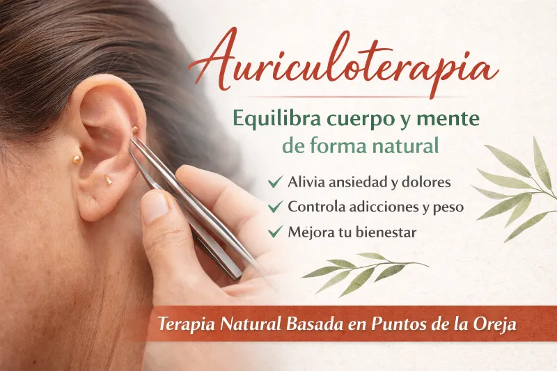 Auriculoterapia para ansiedad, migrañas, dolor, control de peso y dejar de fumar. Técnica natural basada en puntos de la oreja.